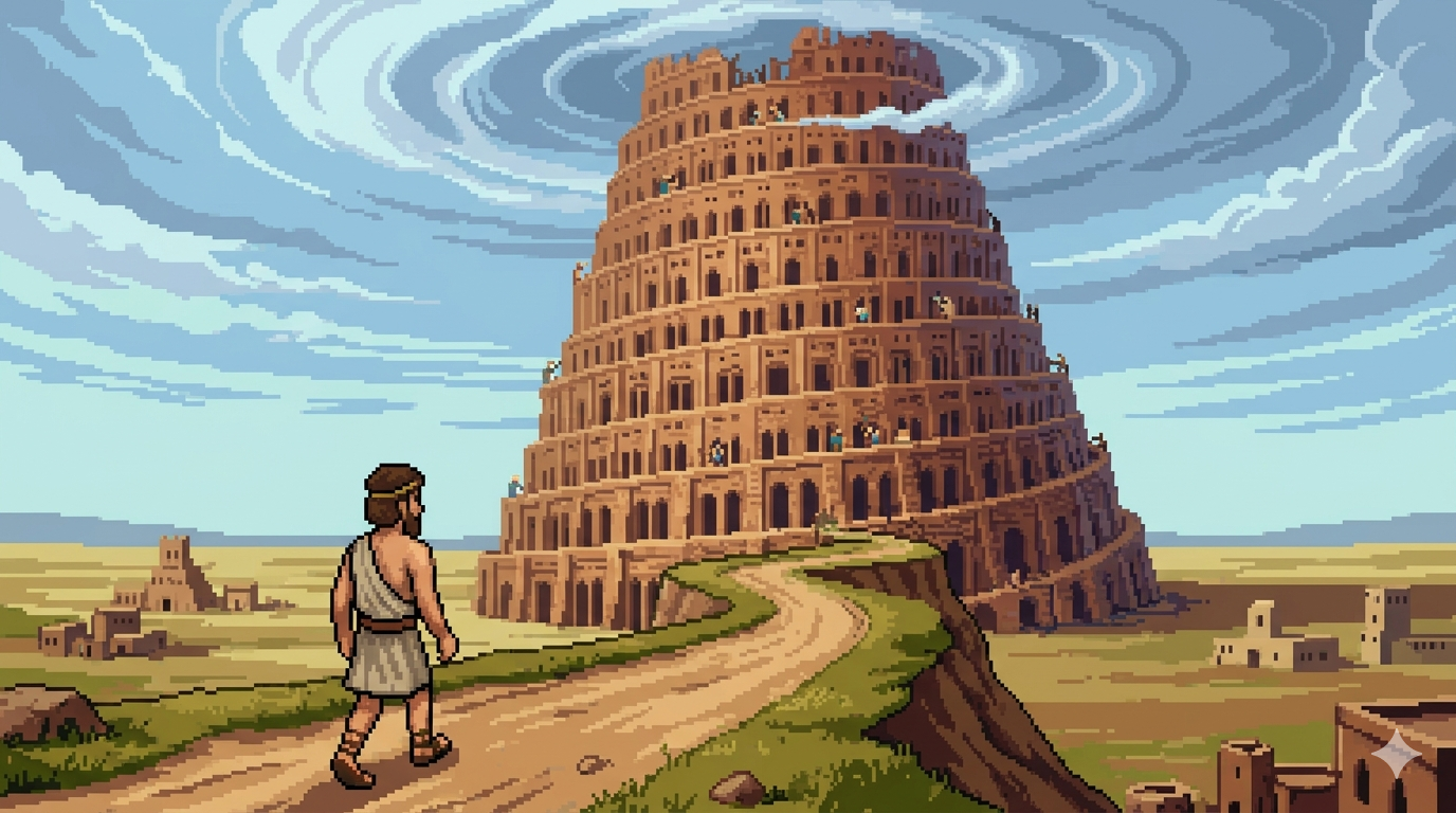 Pixel-art key art of a robed figure approaching the ziggurat in Steps of Babylon